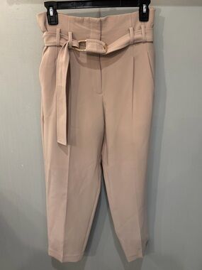 Express Beige High-Rise Paperbag Ankle Pants with Belt